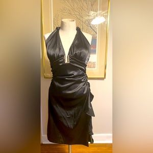 CACh’e 8 Black Stretchy Halter Satin Ruched Ruffled Bodycon Vintage Sheath Dress